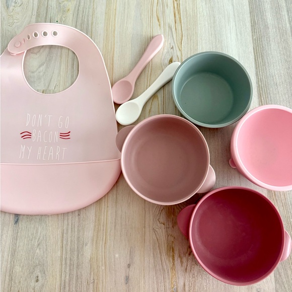 Other - Silicone Baby Feeding Set with Pink Bib, Bowls & spoons